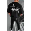 Unisex Bisiklet Yaka Baskılı Oversize T-Shirt - Siyah