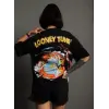 Unisex Bisiklet Yaka Baskılı Oversize T-Shirt - Siyah