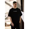 Unisex Bisiklet Yaka Baskılı Oversize T-Shirt - Siyah