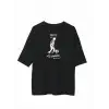 Unisex Bisiklet Yaka Baskılı Oversize T-Shirt - Siyah