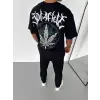 Unisex Bisiklet Yaka Baskılı Oversize T-Shirt - Siyah
