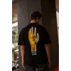 Unisex Bisiklet Yaka Baskılı Oversize T-Shirt - Siyah