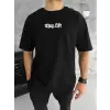 Unisex Bisiklet Yaka Baskılı Oversize T-Shirt - Siyah
