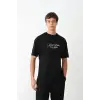Unisex Bisiklet Yaka Baskılı Oversize T-Shirt - Siyah