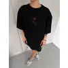 Unisex Bisiklet Yaka Baskılı Oversize T-Shirt - Siyah