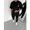 Unisex Bisiklet Yaka Baskılı Oversize T-Shirt - Siyah