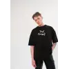 Unisex Bisiklet Yaka Baskılı Oversize T-Shirt - Siyah