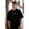 Unisex Bisiklet Yaka Baskılı Oversize T-Shirt - Siyah