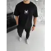 Unisex Bisiklet Yaka Baskılı Oversize T-Shirt - Siyah