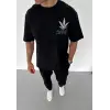 Unisex Bisiklet Yaka Baskılı Oversize T-Shirt - Siyah