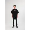 Unisex Bisiklet Yaka Baskılı Oversize T-Shirt - Siyah