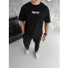 Unisex Bisiklet Yaka Baskılı Oversize T-Shirt - Siyah