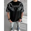 Unisex Bisiklet Yaka Baskılı Oversize T-Shirt - Siyah