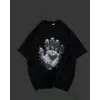 Unisex Bisiklet Yaka Baskılı Oversize T-Shirt - Siyah