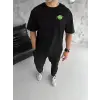 Unisex Bisiklet Yaka Baskılı Oversize T-Shirt - Siyah