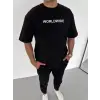 Unisex Bisiklet Yaka Baskılı Oversize T-Shirt - Siyah