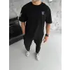 Unisex Bisiklet Yaka Baskılı Oversize T-Shirt - Siyah