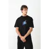 Unisex Bisiklet Yaka Baskılı Oversize T-Shirt - Siyah