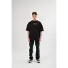 Unisex Bisiklet Yaka Baskılı Oversize T-Shirt - Siyah