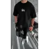 Unisex Bisiklet Yaka Baskılı Oversize T-Shirt - Siyah