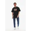 Unisex Bisiklet Yaka Baskılı Oversize T-Shirt - Siyah