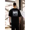 Unisex Bisiklet Yaka Baskılı Oversize T-Shirt - Siyah