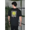 Unisex Bisiklet Yaka Baskılı Oversize T-Shirt - Siyah