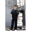 Unisex Bisiklet Yaka Baskılı Oversize T-Shirt - Siyah