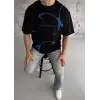 Unisex Bisiklet Yaka Baskılı Oversize T-Shirt - Siyah