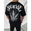 Unisex Bisiklet Yaka Baskılı Oversize T-Shirt - Siyah