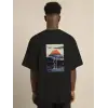 Unisex Bisiklet Yaka Baskılı Oversize T-Shirt - Siyah