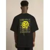 Unisex Bisiklet Yaka Baskılı Oversize T-Shirt - Siyah