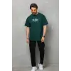 Unisex Bisiklet Yaka Baskılı Oversize T-Shirt - Yeşil