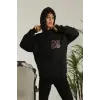 Unisex Kapşonlu Baskılı Sweetshirt - Siyah