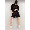 Unisex Nakış İşlemeli Şort Takım - Siyah