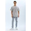 Unisex Oversize Taşlı Bisiklet Yaka T-Shirt - Gri