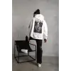 Unisex Sırt Baskılı Kapüşonlu Üç İplik Oversize Sweatshirt - Beyaz