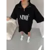Unisex Yarım Fermuarlı Baskılı T-Shirt - Siyah