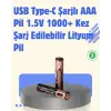 Usb Type-c Şarjlı Aaa Lityum Pil 1000+ Şarj Döngüsü İle Uzun Ömür