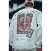 Uzun Kol Bisiklet Yaka Baskılı SweatShirt - Beyaz