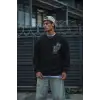 Uzun Kol Bisiklet Yaka Baskılı SweatShirt - Siyah