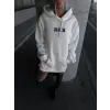 Uzun Kol Kapşonlu Göğüs Baskılı SweatShirt - Beyaz