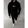 Uzun Kol Kapşonlu Göğüs Baskılı SweatShirt - Siyah