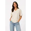 V Yaka Basic Tişört Kısa Kol Yazlık Regular Fit T-Shirt - Bej