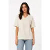V Yaka Basic Tişört Kısa Kol Yazlık Regular Fit T-Shirt - Bej