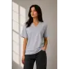 V Yaka Basic Tişört Kısa Kol Yazlık Regular Fit T-Shirt - Gri