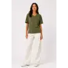V Yaka Basic Tişört Kısa Kol Yazlık Regular Fit T-Shirt - Haki