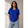 V Yaka Basic Tişört Kısa Kol Yazlık Regular Fit T-Shirt - Saks Mavisi