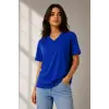 V Yaka Basic Tişört Kısa Kol Yazlık Regular Fit T-Shirt - Saks Mavisi