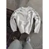 Yıldırım Baskılı Bisiklet Yaka SweatShirt - Beyaz